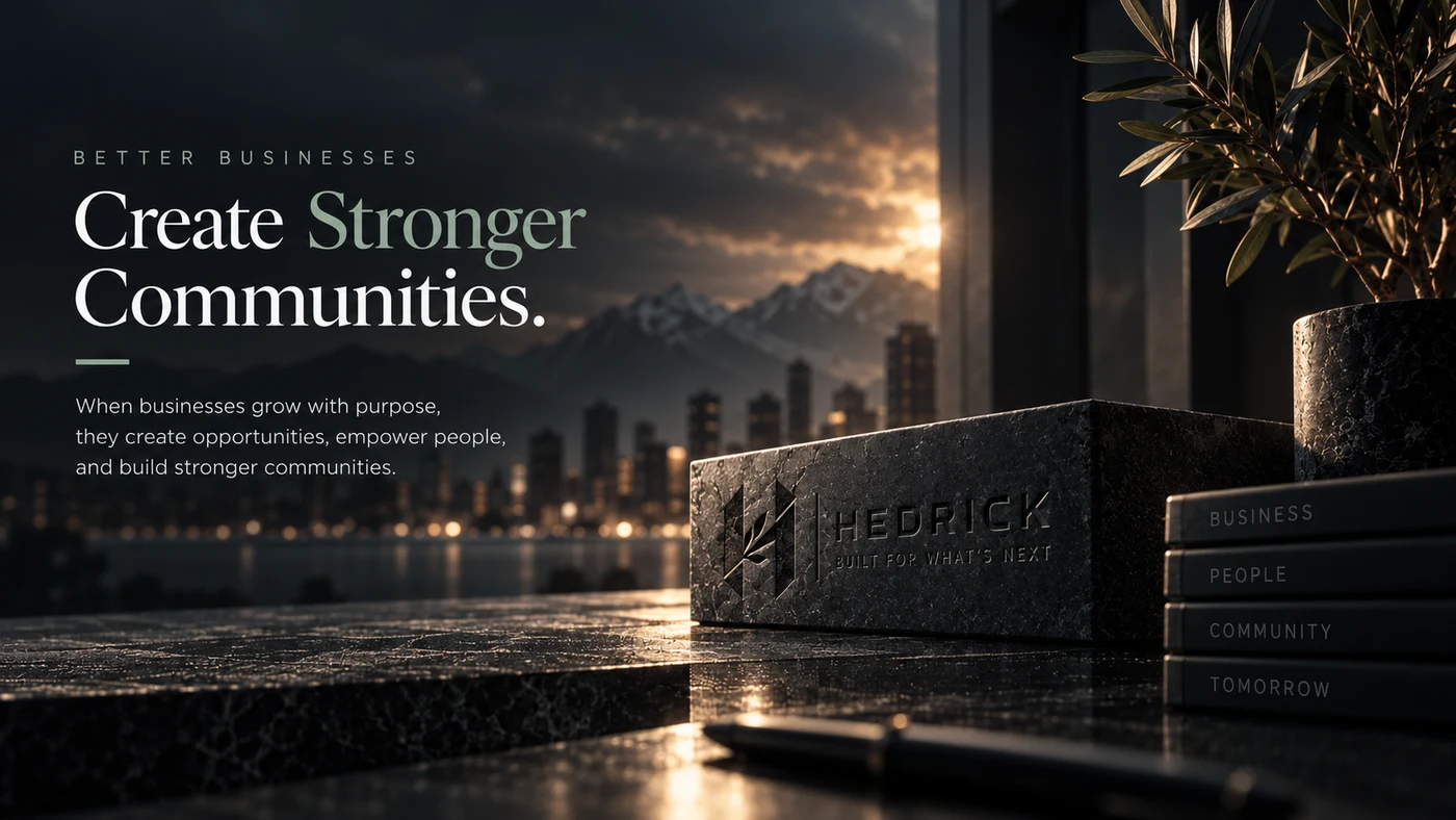 Better businesses build stronger communities — a HEDRICK marble block on a desk overlooking a city at dusk