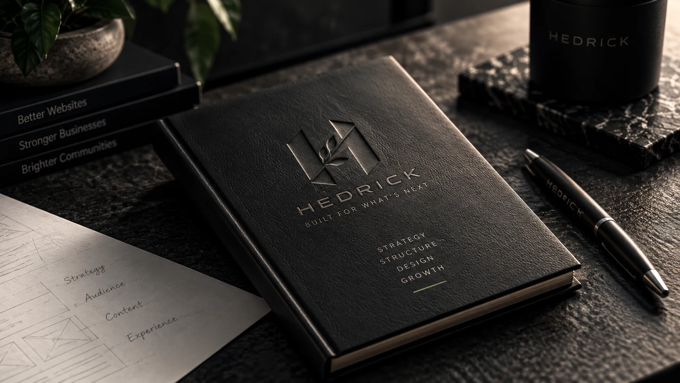 A HEDRICK-branded notebook and pen on a stone desk, ready for a strategy session