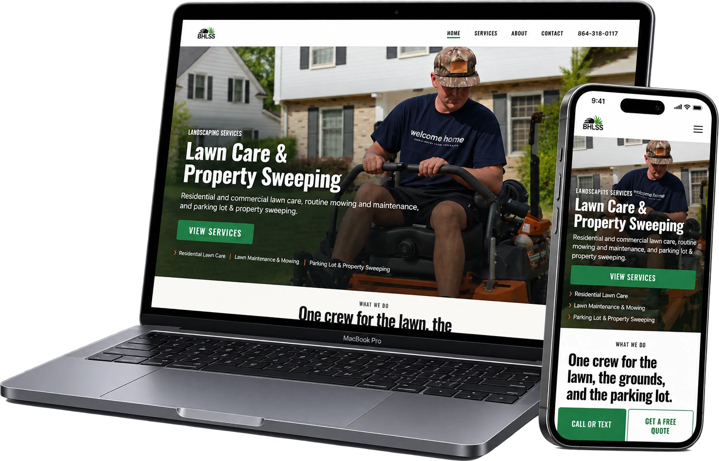 Brant Holtzclaw Lawn Service website, shown on a MacBook and iPhone