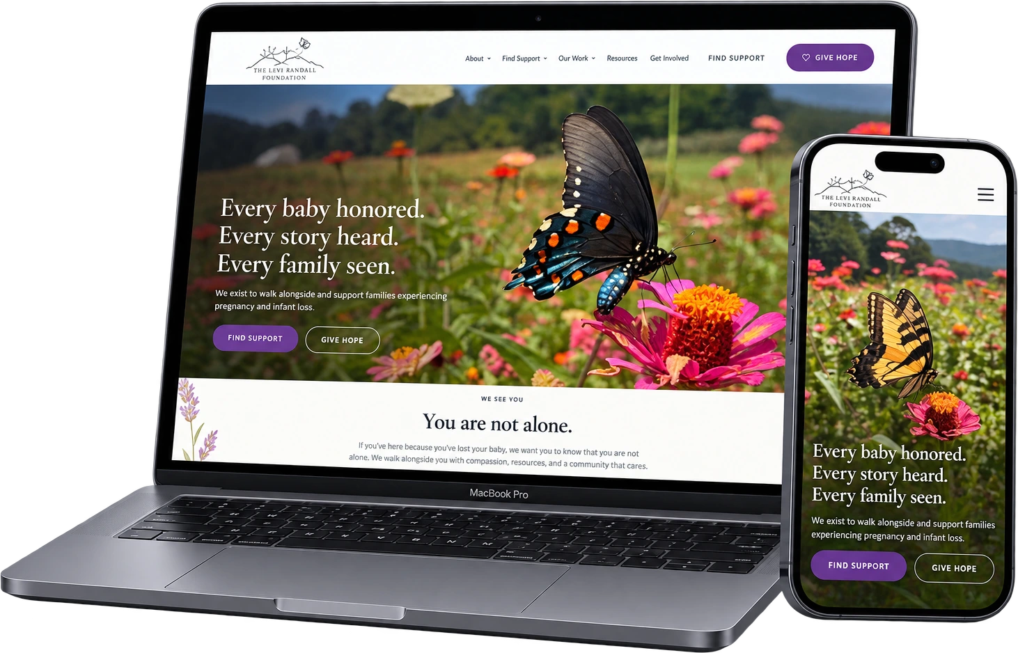 The Levi Randall Foundation website, shown on a MacBook and iPhone